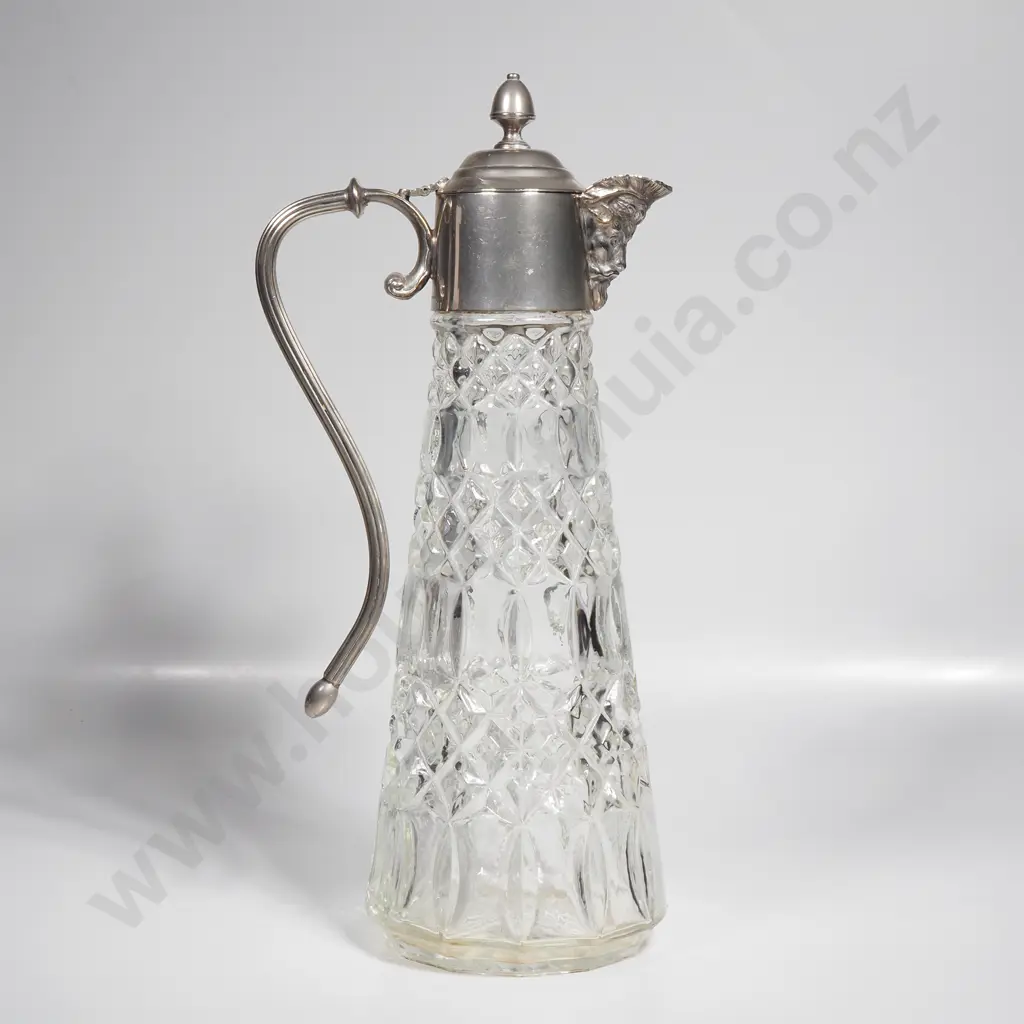 Vintage Glass & EP Claret Jug w Mask Head Spout Image 1++