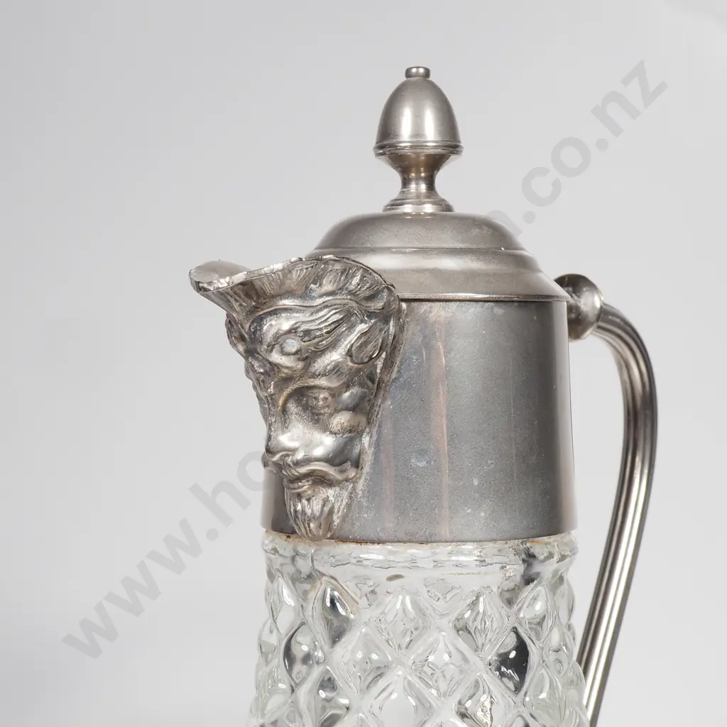 Vintage Glass & EP Claret Jug w Mask Head Spout Image 1++