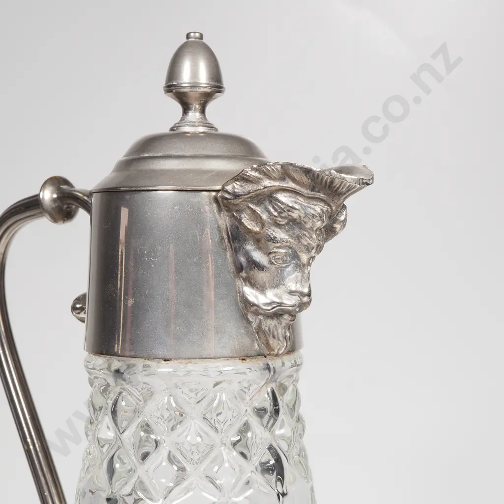 Vintage Glass & EP Claret Jug w Mask Head Spout Image 1++