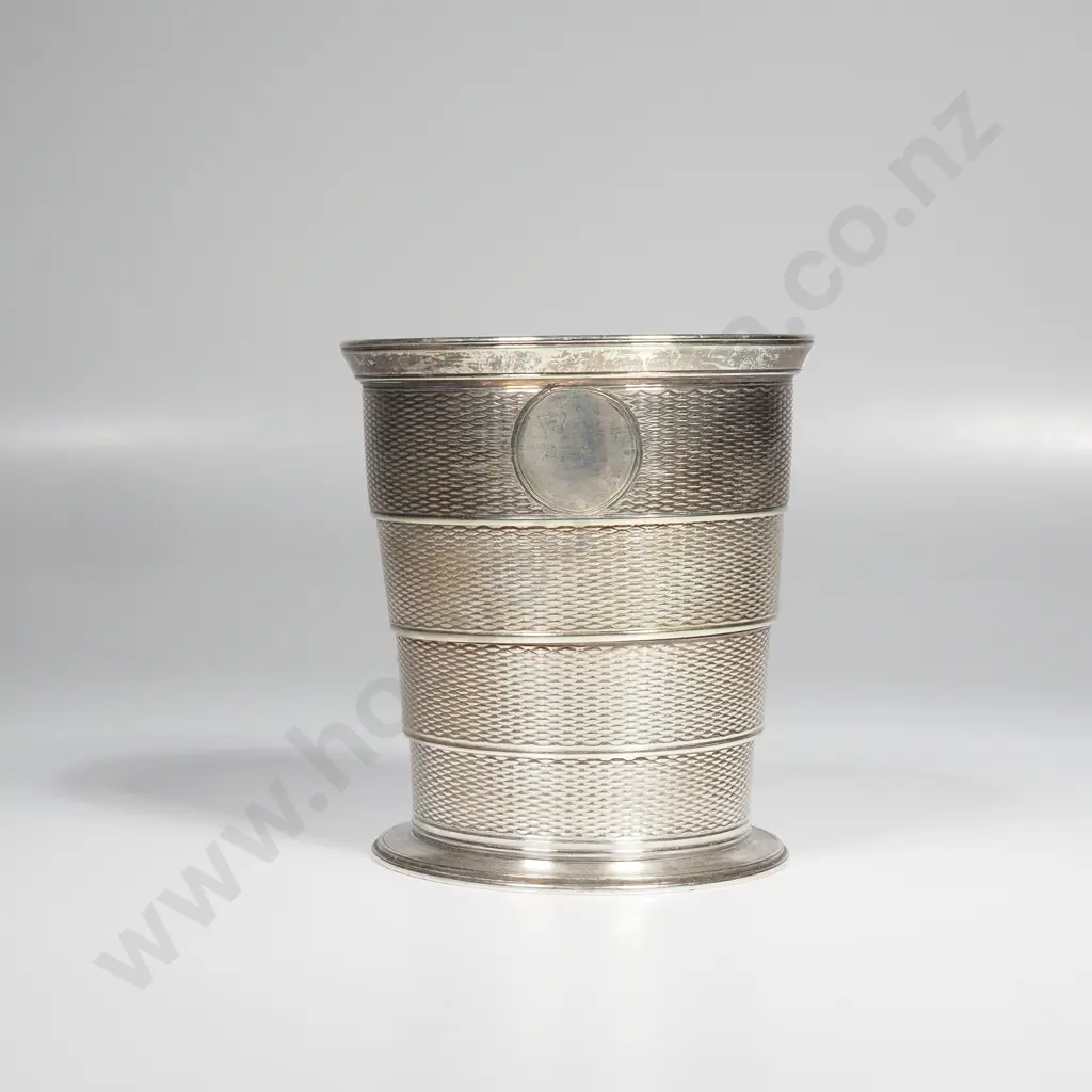 Vintage Silver Plate Collapsible Beaker w Engine Turned Decoration & Unmarked Round Cartouche Image 1++