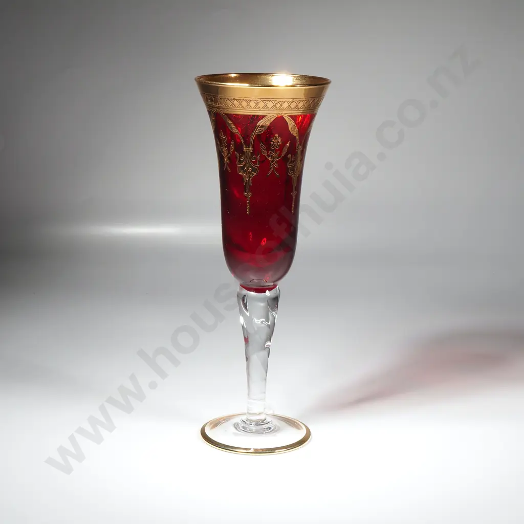 Italian Interglass Ruby Red Glass w Hand Painted Gilt Decoration & Twisted Stem Image 1++