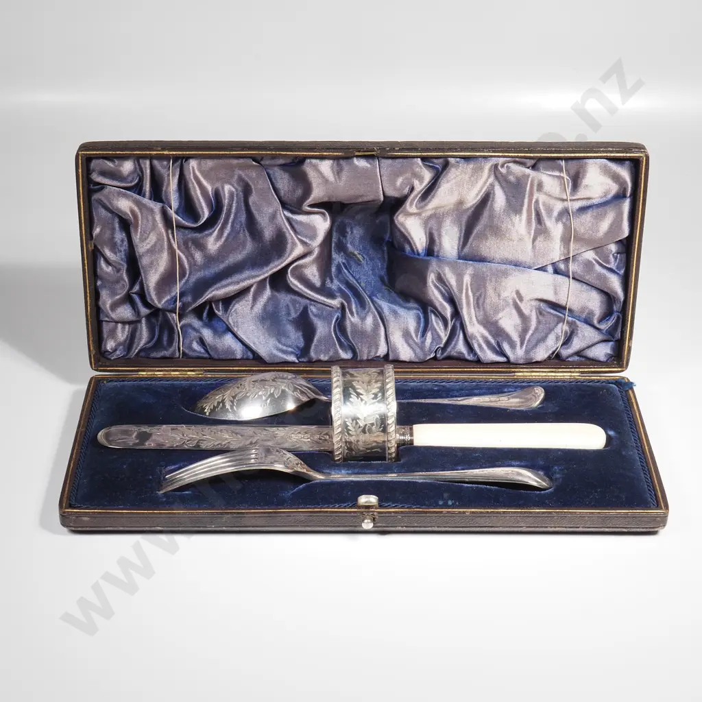 Silver Plate Christening Set comprising Knife, Fork, Spoon & Napkin Ring, All Engraved w Ferns in a Fitted Box Image 1++
