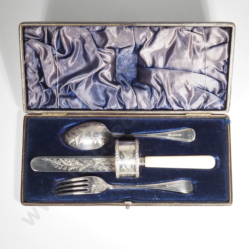 Silver Plate Christening Set comprising Knife, Fork, Spoon & Napkin Ring, All Engraved w Ferns in a Fitted Box Image 1++