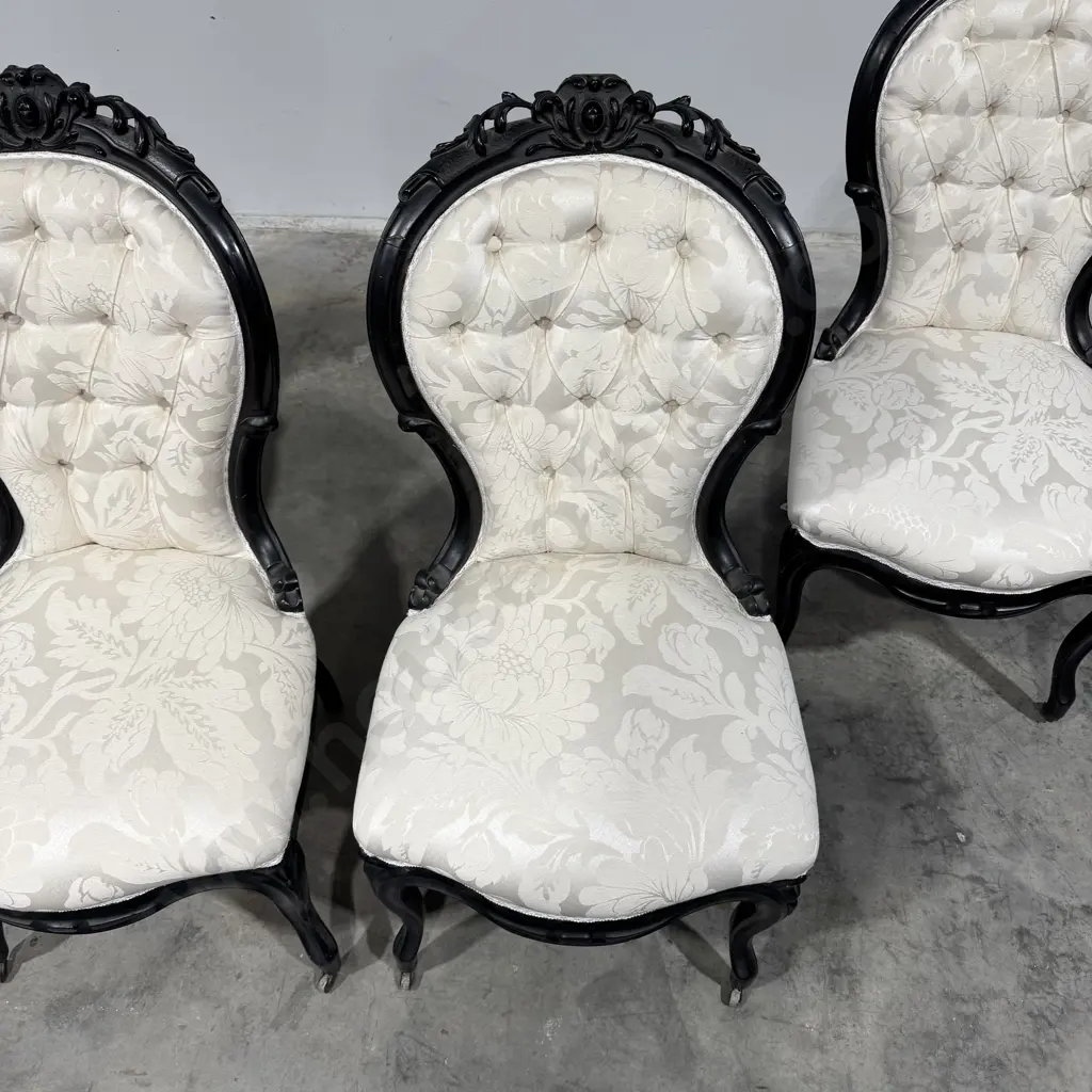 Four Baroque Style Ornate Carved Cameo Back, Black Lacquered Dining Chairs Or Ladies Chairs, Upholstered in Cream Damask Image 1++