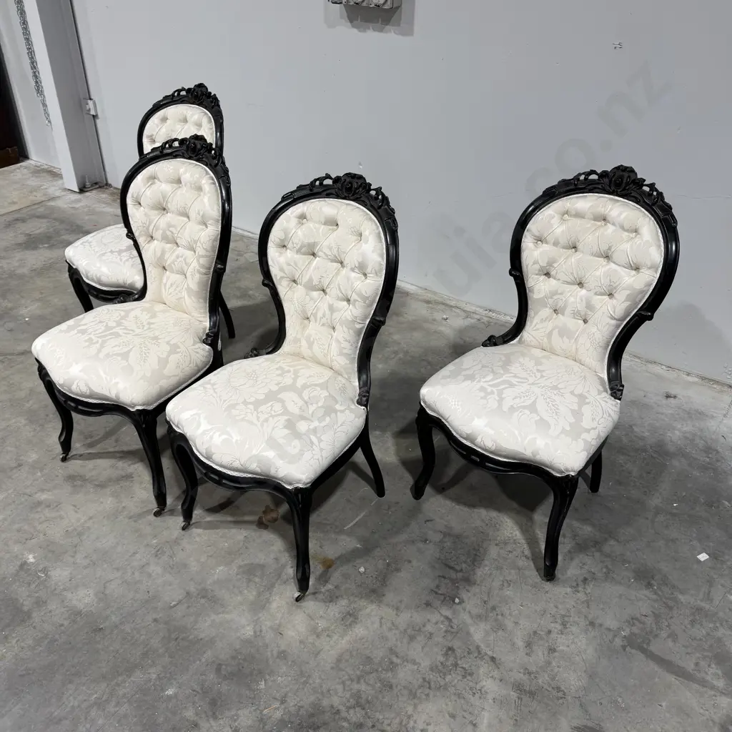Four Baroque Style Ornate Carved Cameo Back, Black Lacquered Dining Chairs Or Ladies Chairs, Upholstered in Cream Damask Image 1++