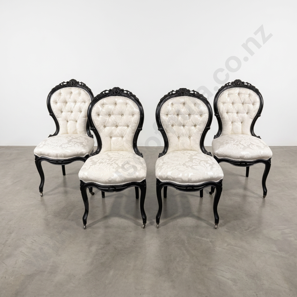 Four Baroque Style Ornate Carved Cameo Back, Black Lacquered Dining Chairs Or Ladies Chairs, Upholstered in Cream Damask Image 1++