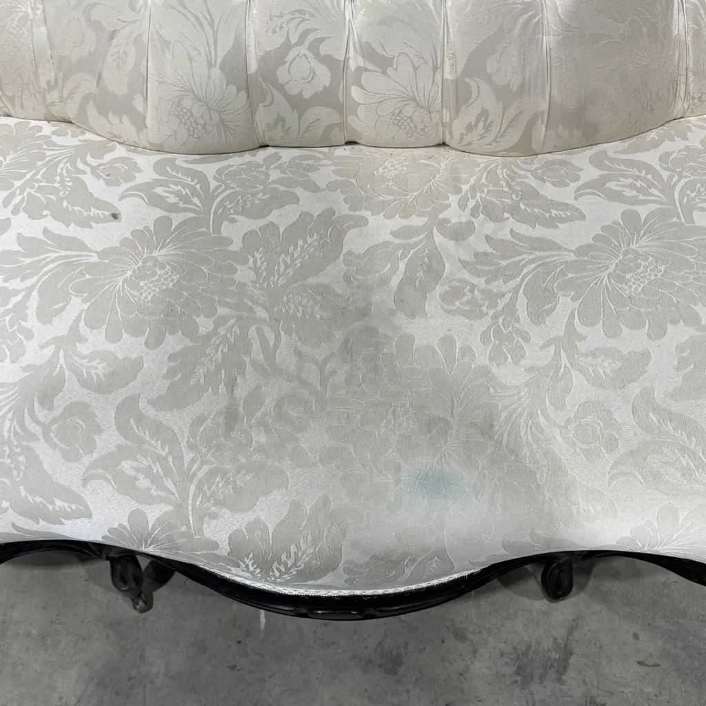 Baroque Style Black Lacquered, Floral Carved Triple Back Settee & Two Matching Armchairs, Upholstered In Cream Damask Image 1++