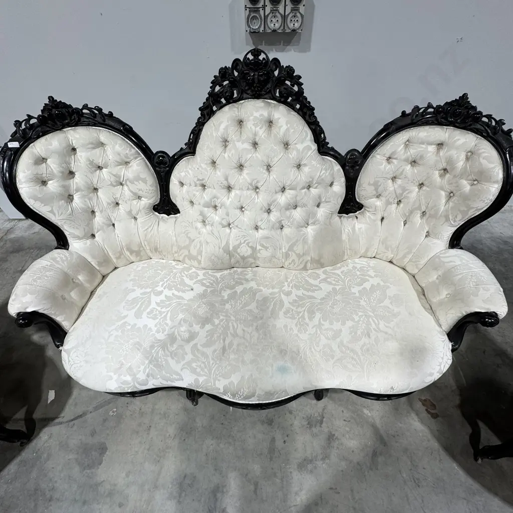 Baroque Style Black Lacquered, Floral Carved Triple Back Settee & Two Matching Armchairs, Upholstered In Cream Damask Image 1++