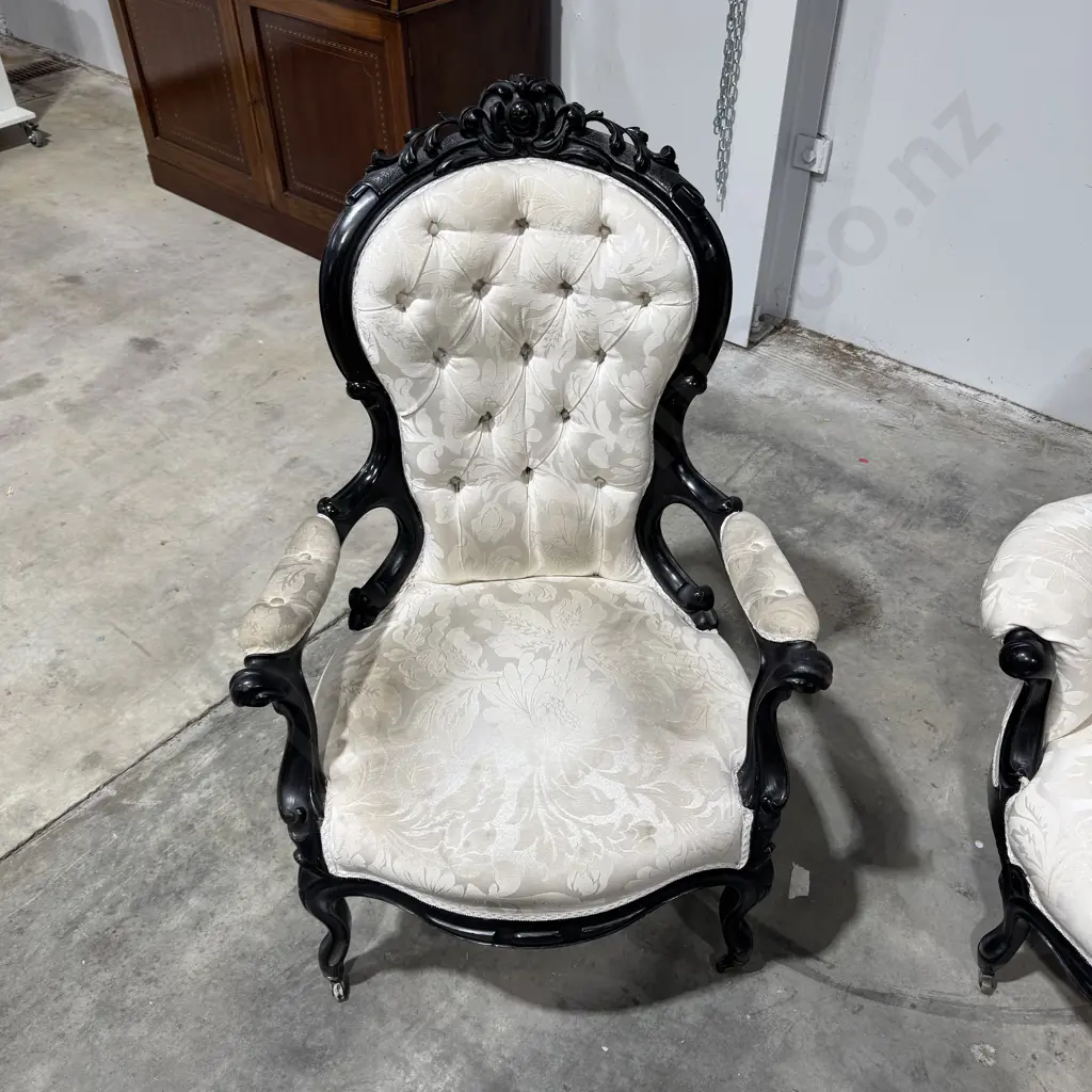 Baroque Style Black Lacquered, Floral Carved Triple Back Settee & Two Matching Armchairs, Upholstered In Cream Damask Image 1++
