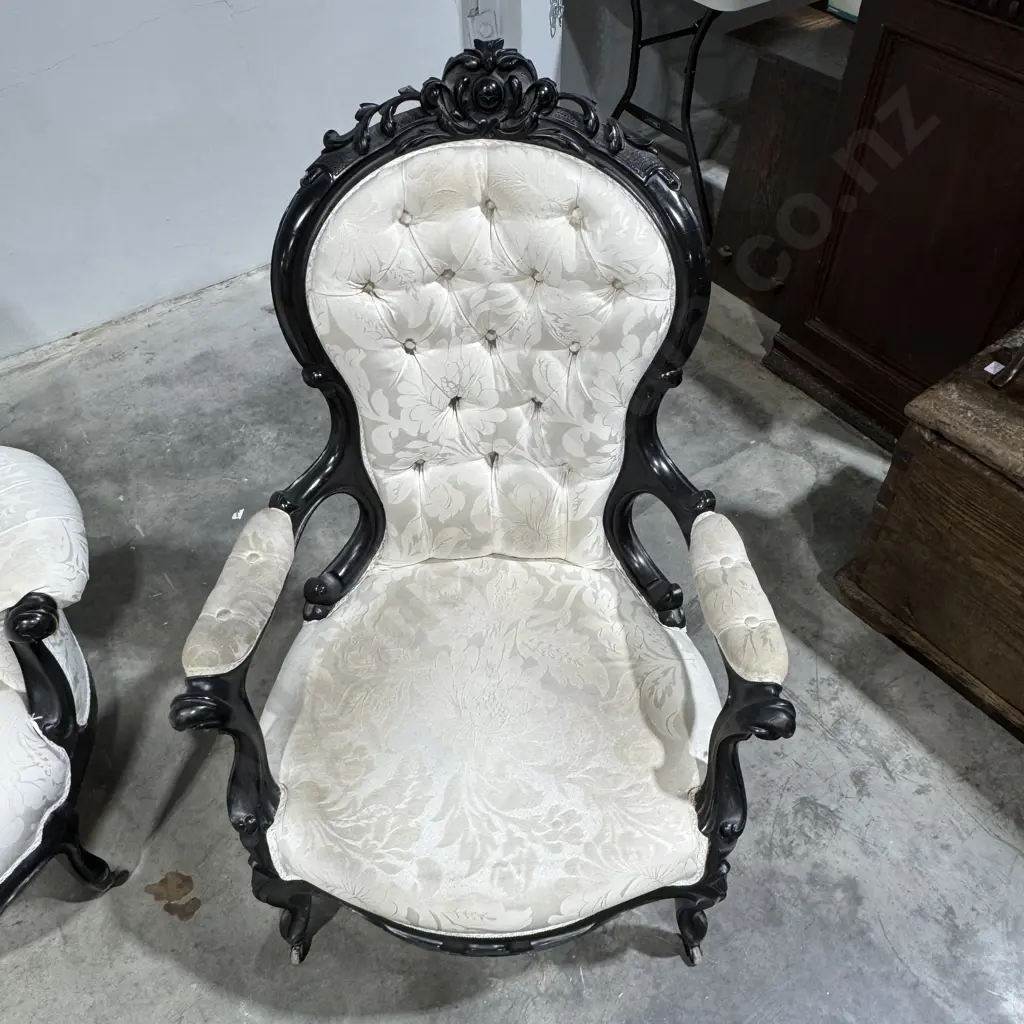Baroque Style Black Lacquered, Floral Carved Triple Back Settee & Two Matching Armchairs, Upholstered In Cream Damask Image 1++