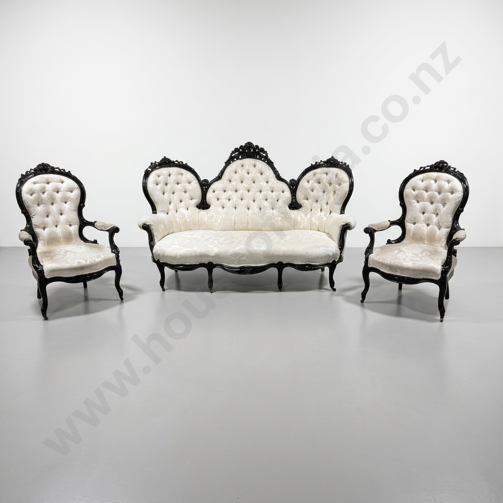 Baroque Style Black Lacquered, Floral Carved Triple Back Settee & Two Matching Armchairs, Upholstered In Cream Damask Image 1++