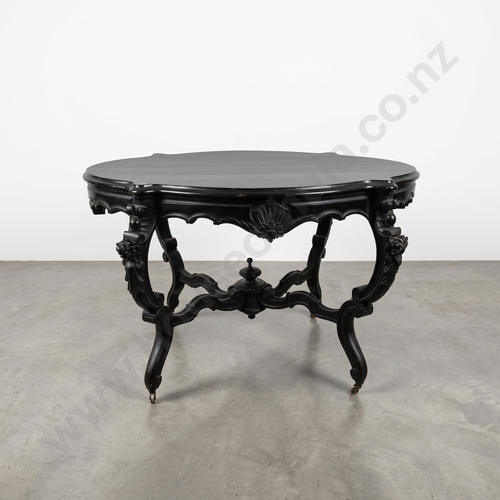 Ebonised Rococo Style Dining or Centre Table w Ornate Carved Legs & Basket Base Terminating in Finial Image 1++