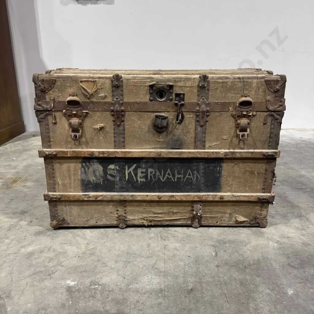 Vintage Flat-Top Cabin/Steamer Trunk w Waterproof Canvas,Oak Ribs, and Metal Latches Image 1++