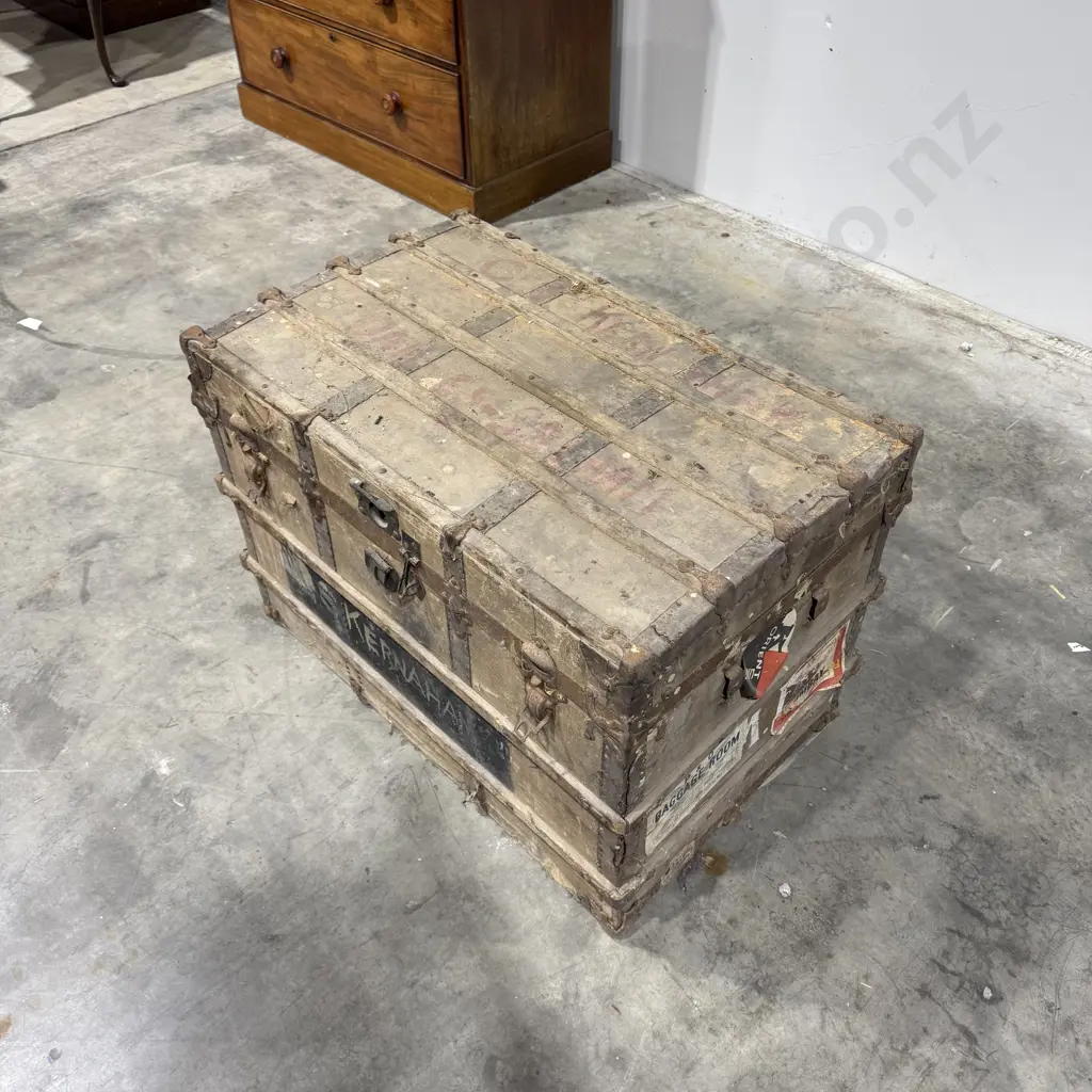 Vintage Flat-Top Cabin/Steamer Trunk w Waterproof Canvas,Oak Ribs, and Metal Latches Image 1++