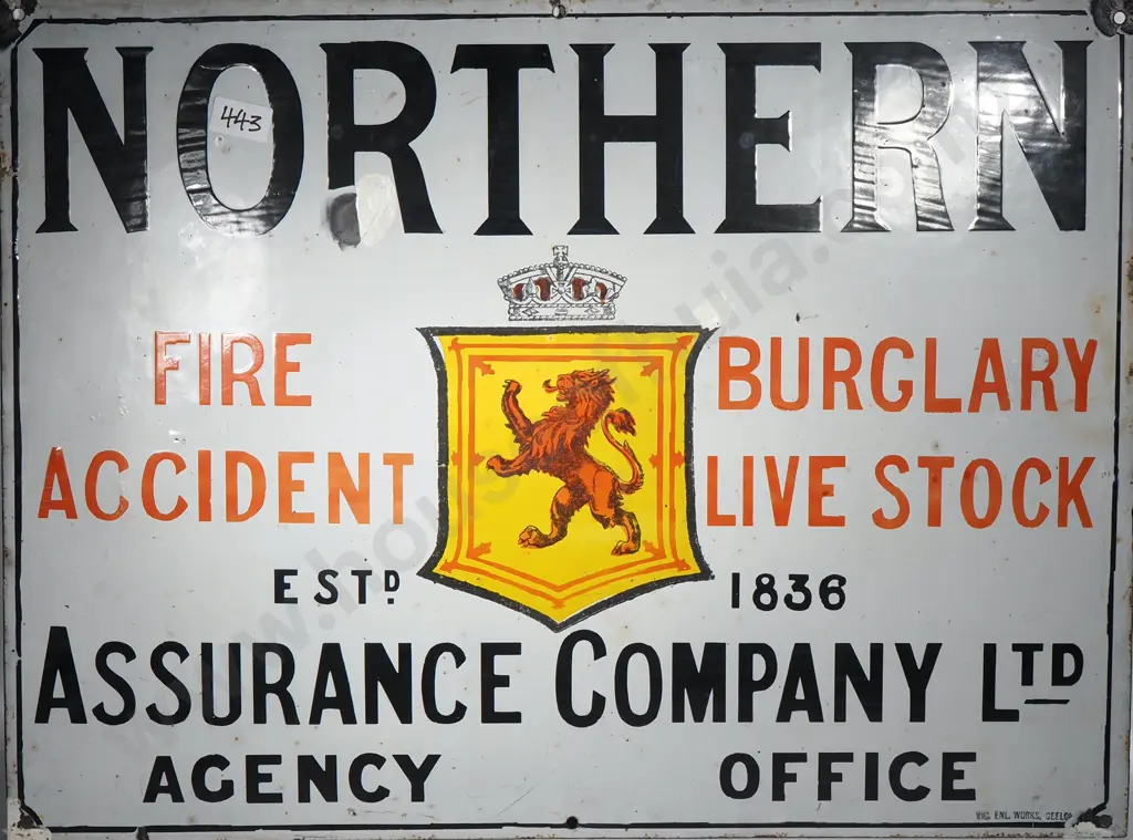 Enamel Sign Advertising "Northern Assurance Company Ltd" Agency Office Featuring a Lion Rampant. 450 x 610mm Image 1++