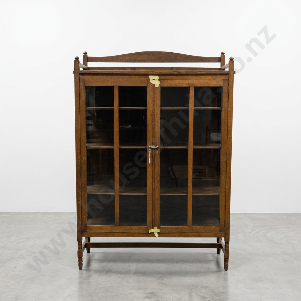 Arts & Crafts Glazed Oak Two Panes Door Display/Bookcase Cabinet On Turned Legs Image 1++