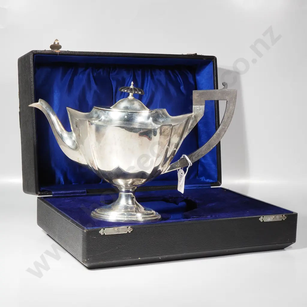 Boxed Sterling Silver Angular Scalloped Teapot on Pedestal Base w Ebony Handle & Finial Image 1++