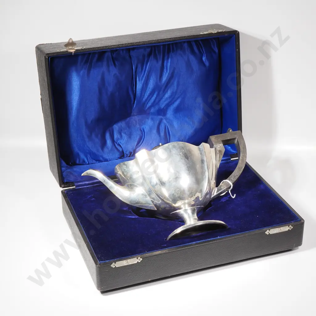 Boxed Sterling Silver Angular Scalloped Teapot on Pedestal Base w Ebony Handle & Finial Image 1++