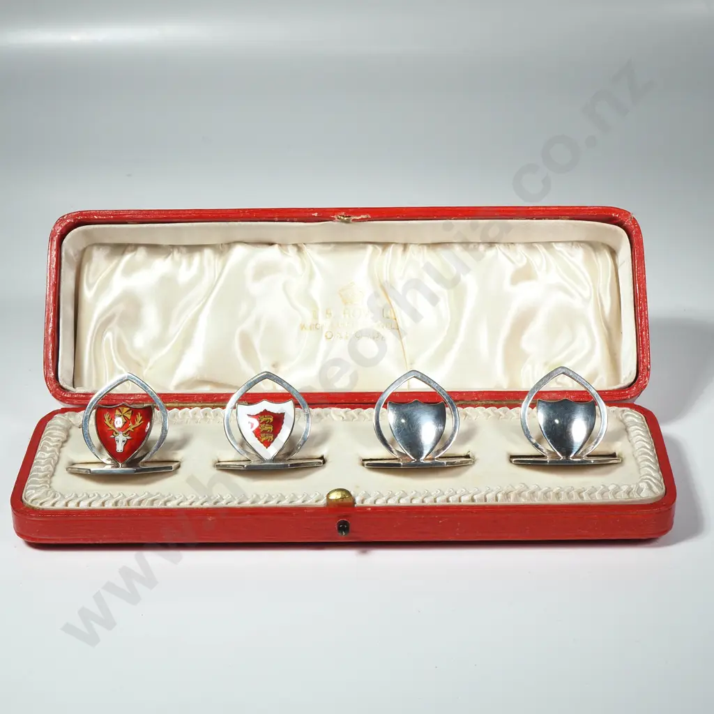 Edwardian Sterling Silver & Enamel Cased Set of Menu/Name Holders Retailed by S Rowell & Sons for Jesus & Oriel College Image 1++