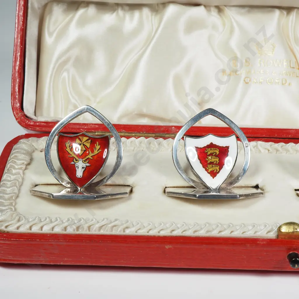 Edwardian Sterling Silver & Enamel Cased Set of Menu/Name Holders Retailed by S Rowell & Sons for Jesus & Oriel College Image 1++