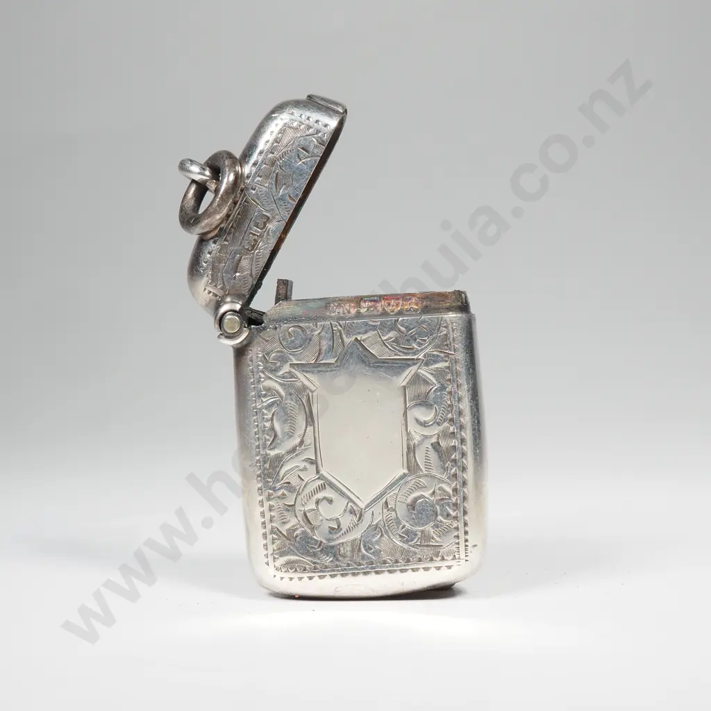 Hand engraved sterling silver wax vesta case, HM Chester 1901 Image 1++