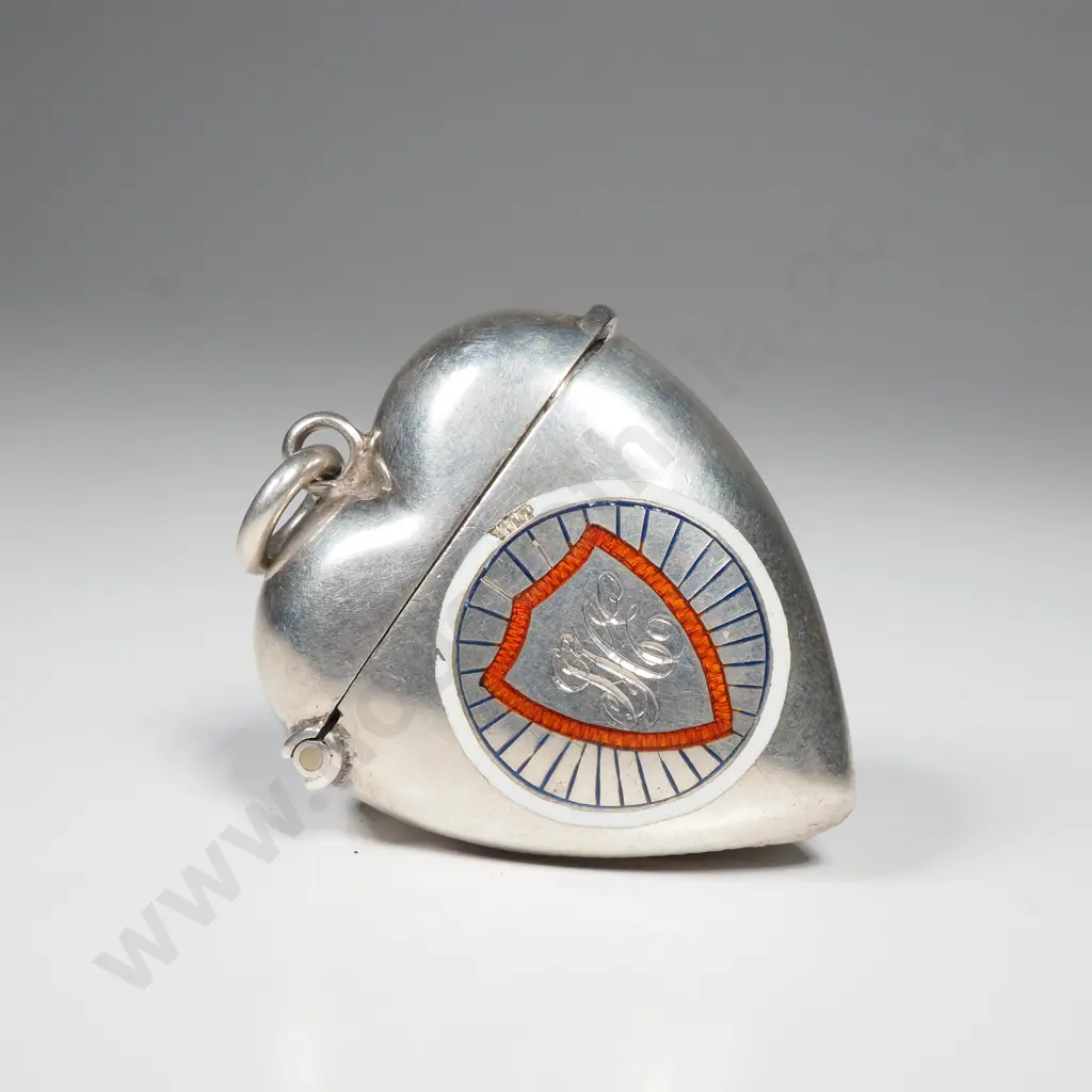 Heart shaped sterling silver wax vesta case, HM Birmingham 1897 Image 1++