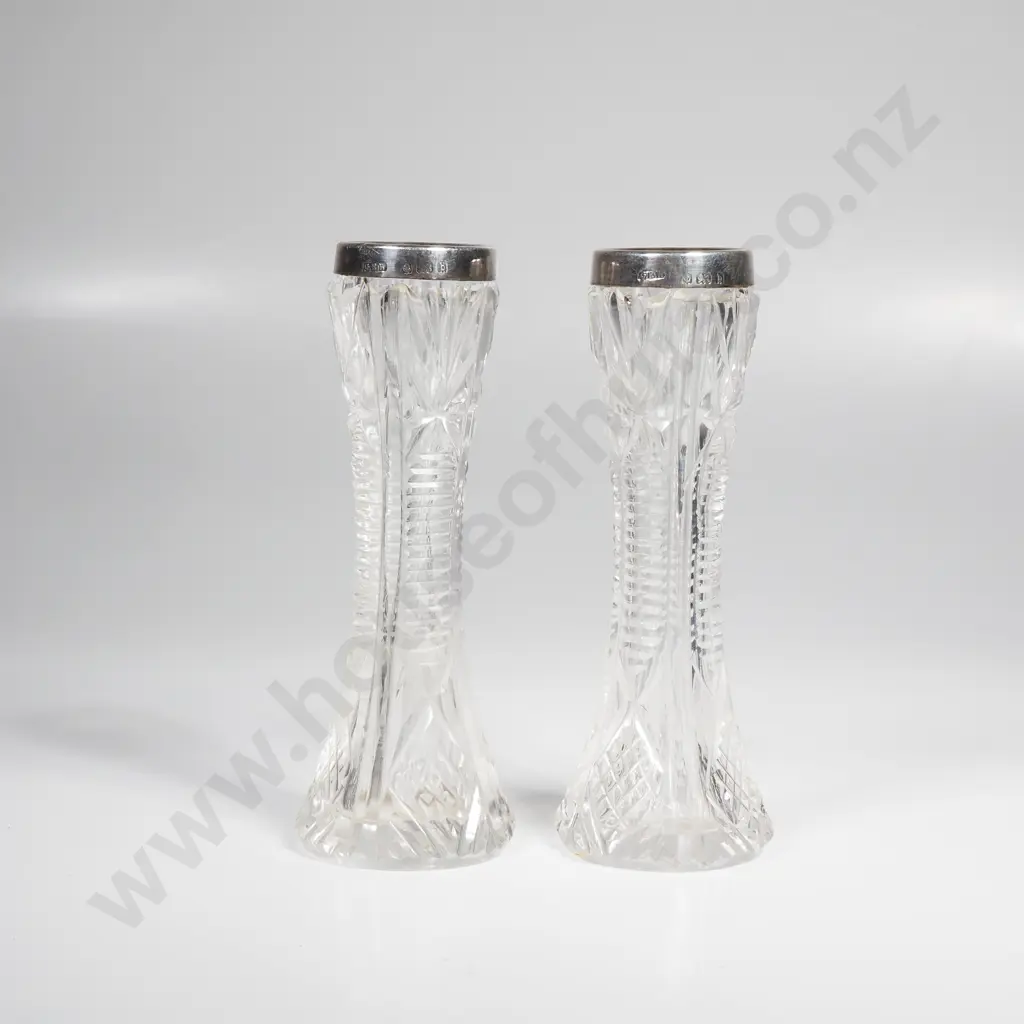Two Cut Glass Sterling Silver Rimmed Bud Vases Image 1++