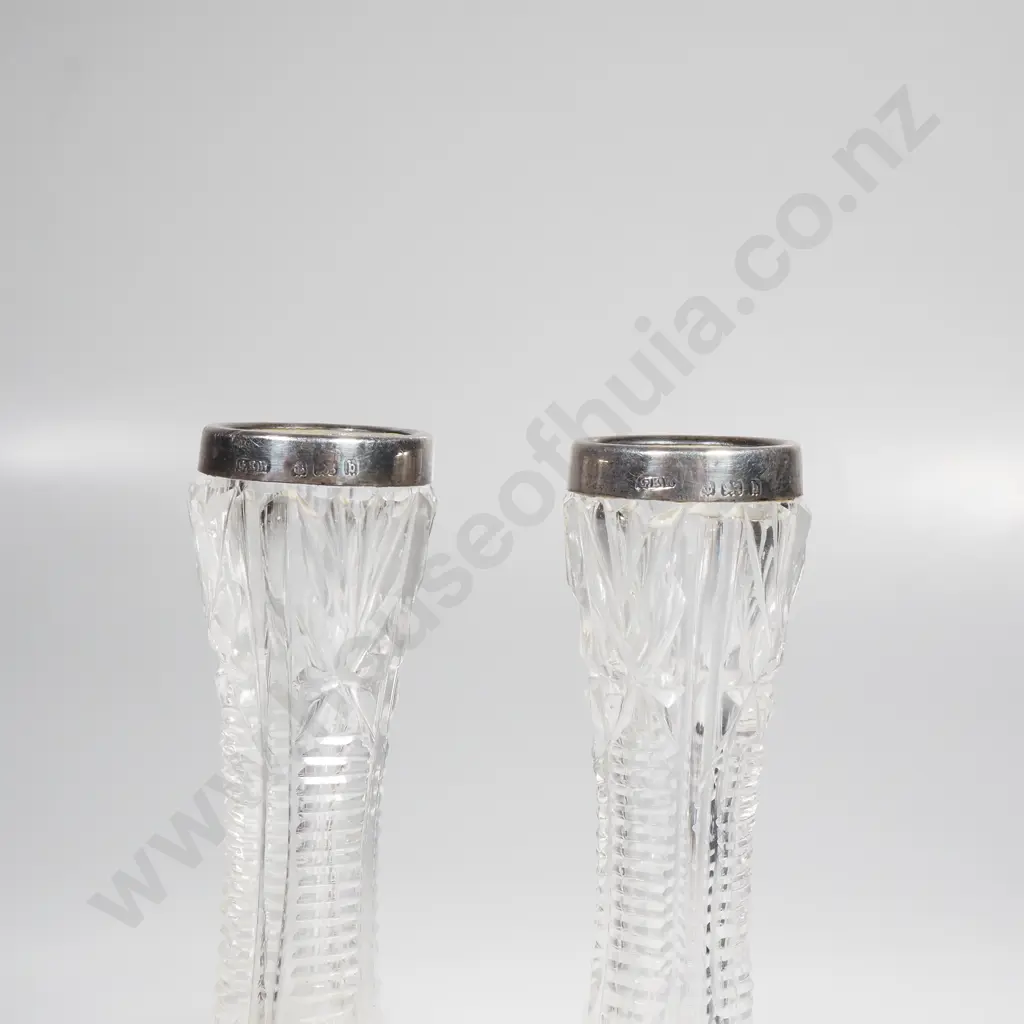 Two Cut Glass Sterling Silver Rimmed Bud Vases Image 1++