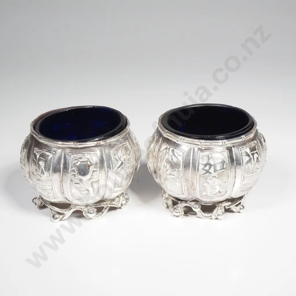 Pair of Sterling Silver Chinese Export Wang Hing Salts w Liners Image 1++