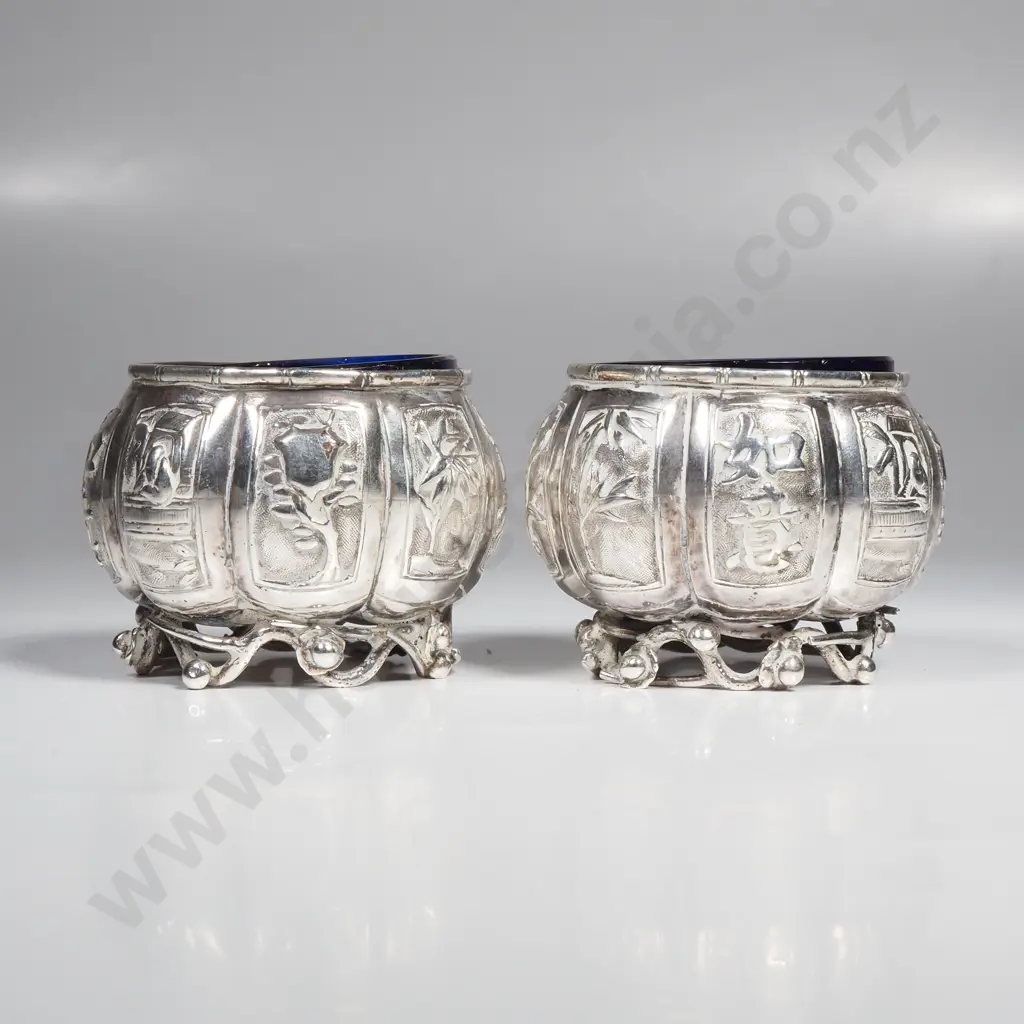 Pair of Sterling Silver Chinese Export Wang Hing Salts w Liners Image 1++