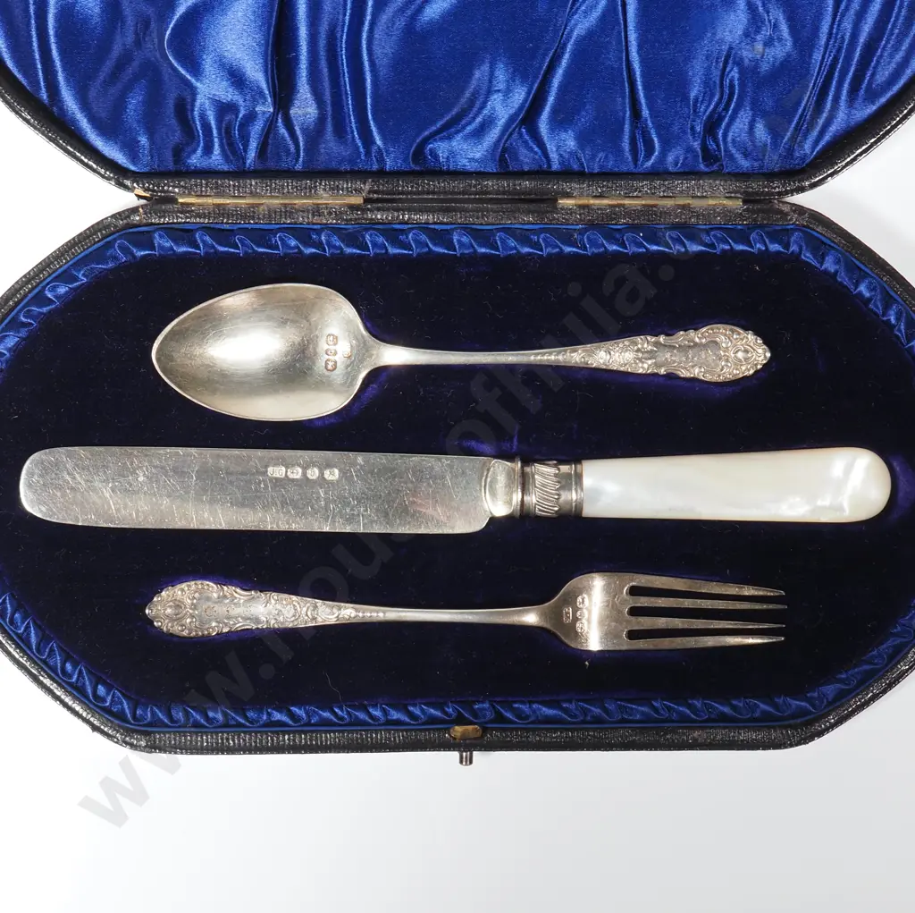 Sterling Silver Christening Set in Original Box Comprising Knife Fork & Spoon In Blue Velvet LIned Box Image 1++