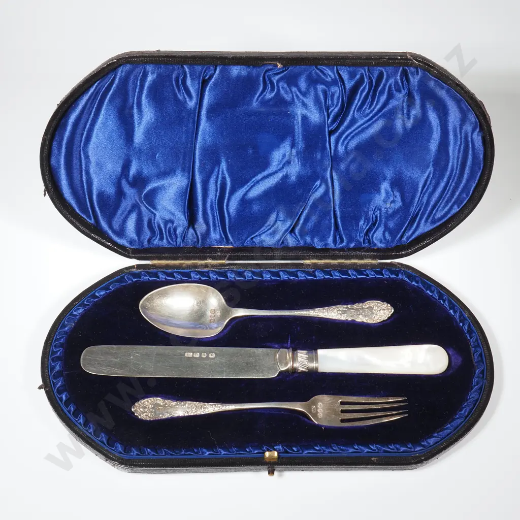 Sterling Silver Christening Set in Original Box Comprising Knife Fork & Spoon In Blue Velvet LIned Box Image 1++
