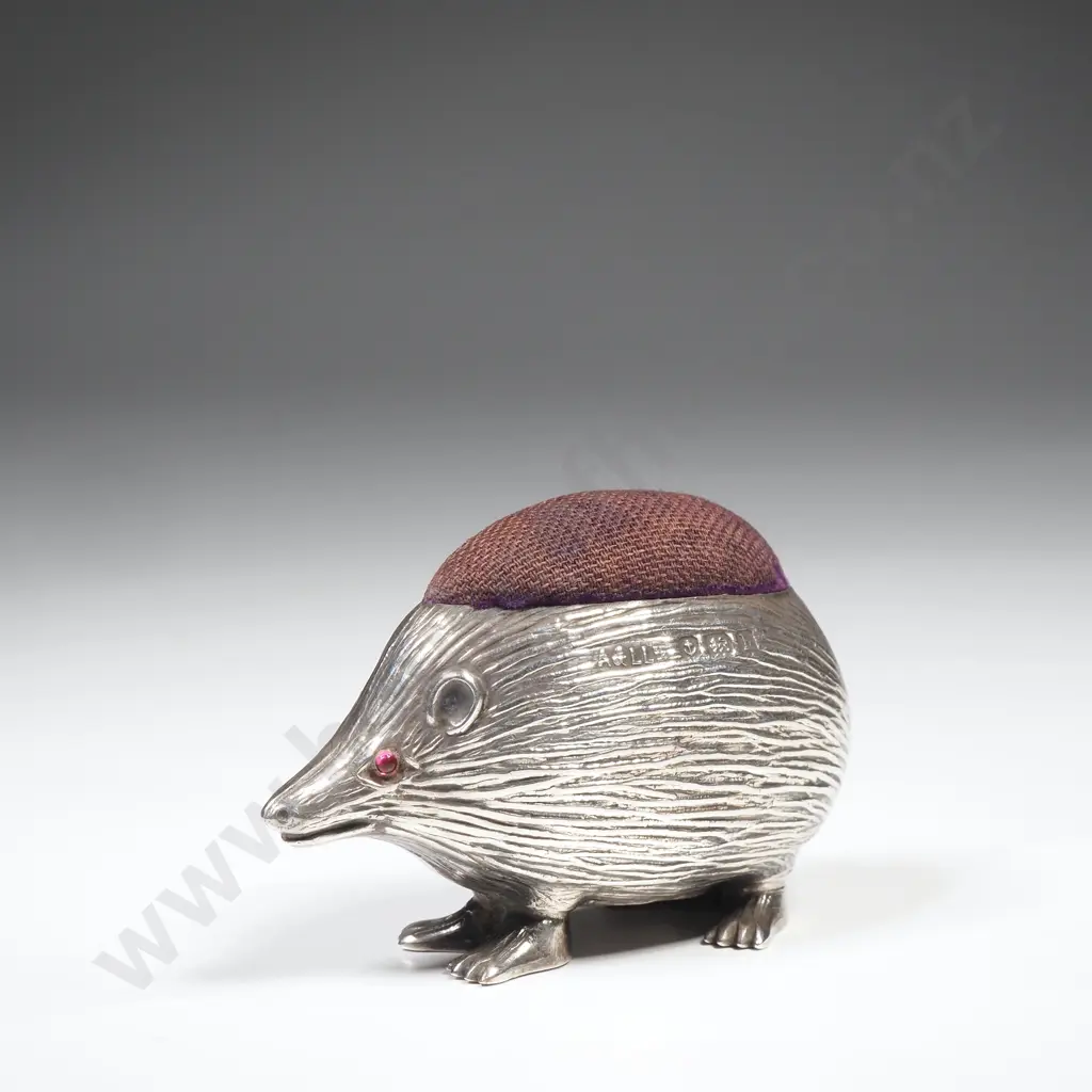 Small Sterling Silver Pin cushion in the Form of a Hedgehog w Pink Eyes Image 1++