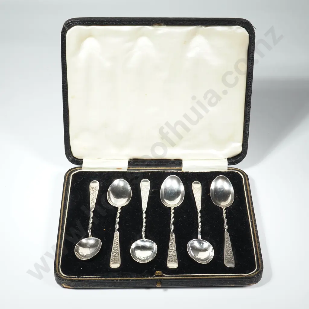 Boxed Set of Six Sterling Silver Teaspoons w Twisted & Engraved Stem, Birmingham 1894 Image 1++