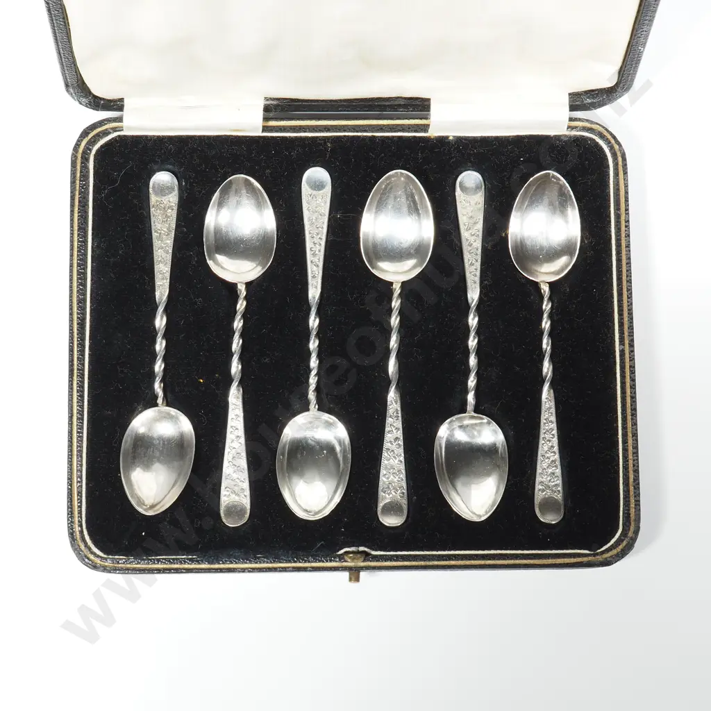 Boxed Set of Six Sterling Silver Teaspoons w Twisted & Engraved Stem, Birmingham 1894 Image 1++