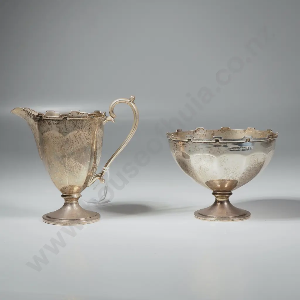 Sterling Silver Cream Jug & Sugar Bowl w Castellated Rim, London 1918 Image 1++