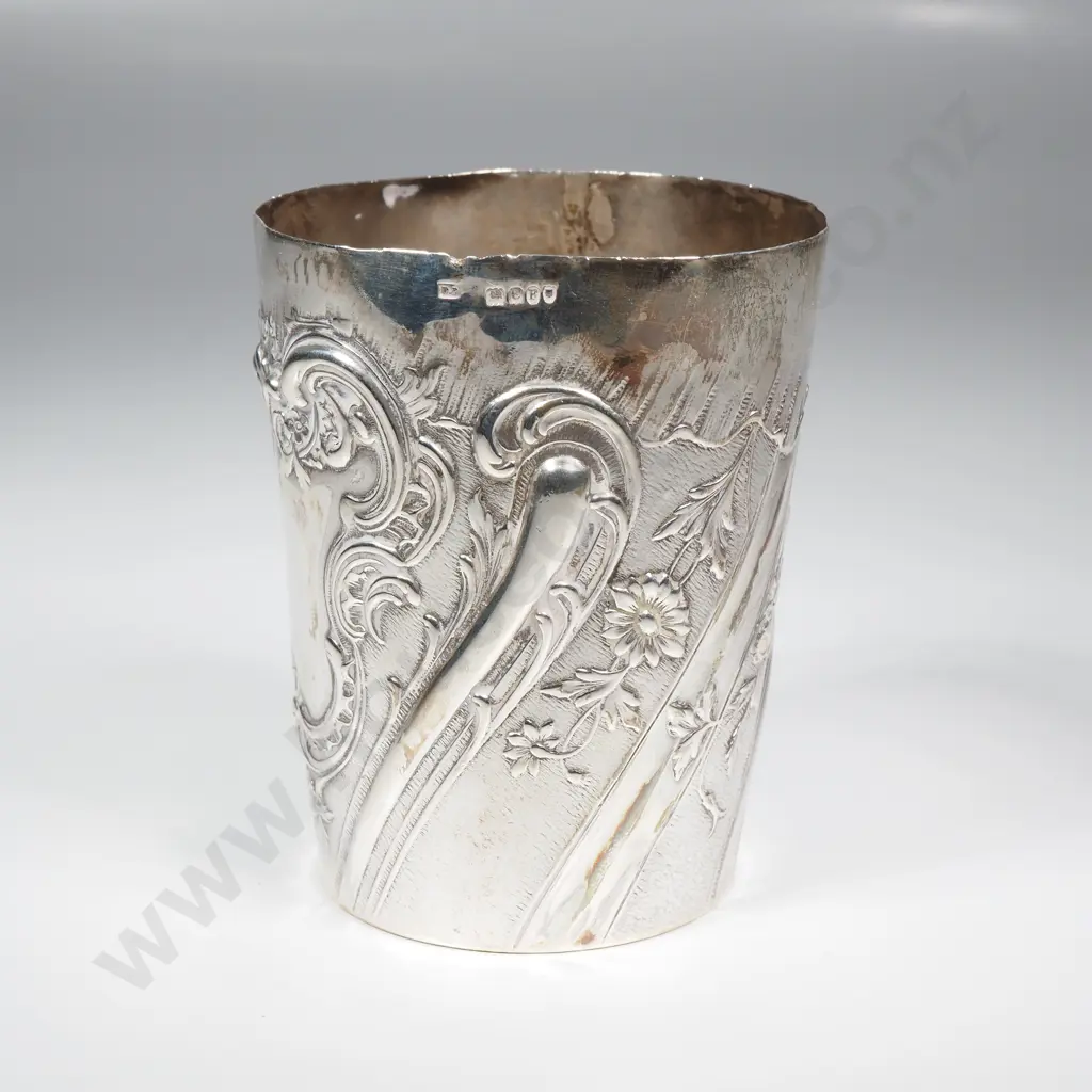 Sterling Silver Beaker w Ornate Embossed Decoration Image 1++