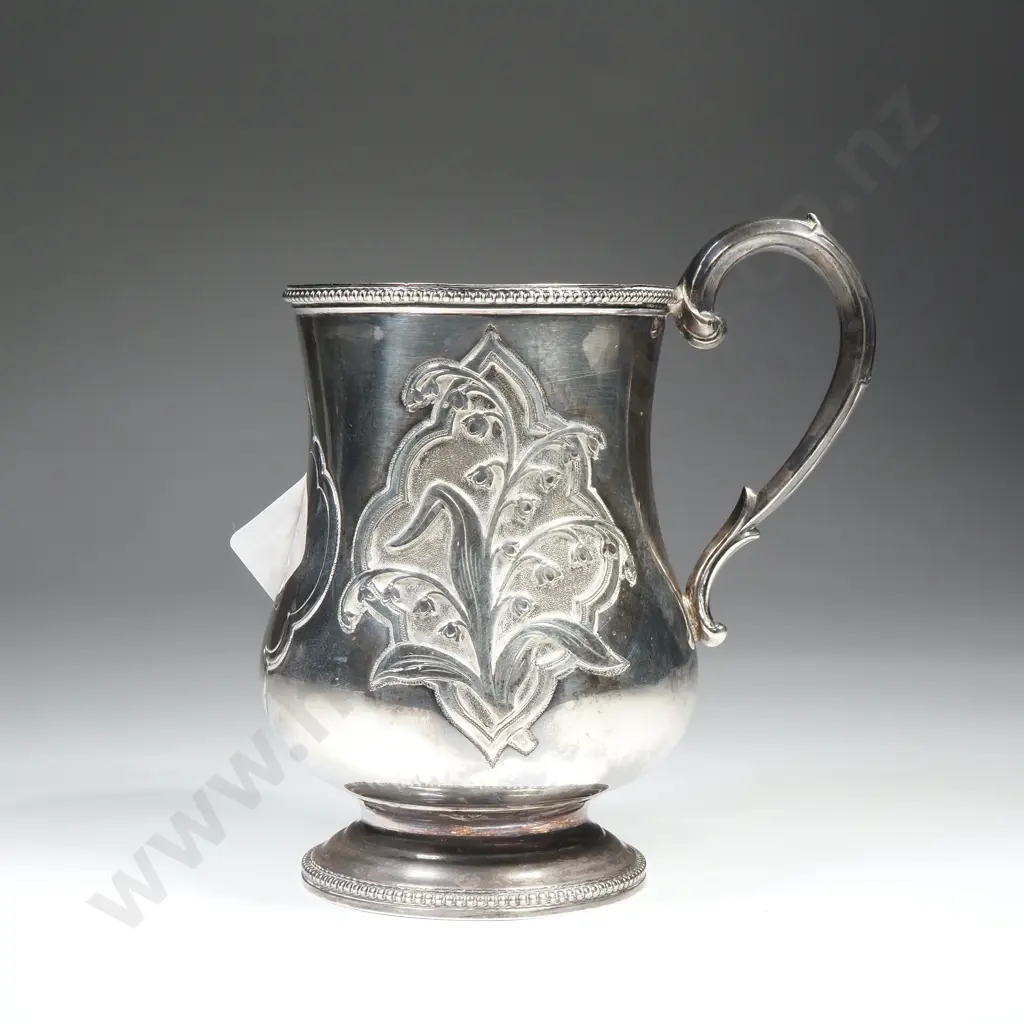 Sterling Silver Christening Mug w Lily of the Valley Decoration London 1868 Image 1++