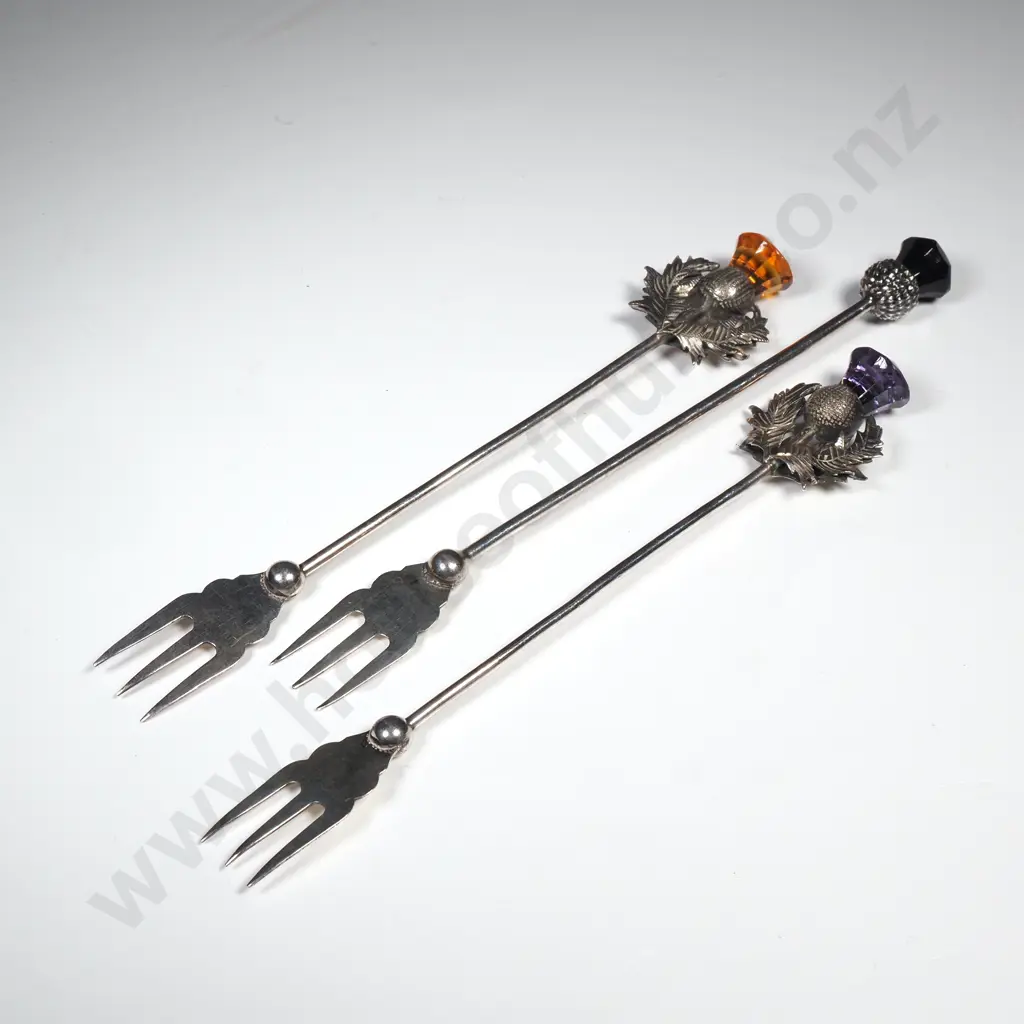 Antique Sterling Silver PIckle/Cocktail Forks w Scottish Thistle Terminals Set w Coloured Glass Stones Image 1++