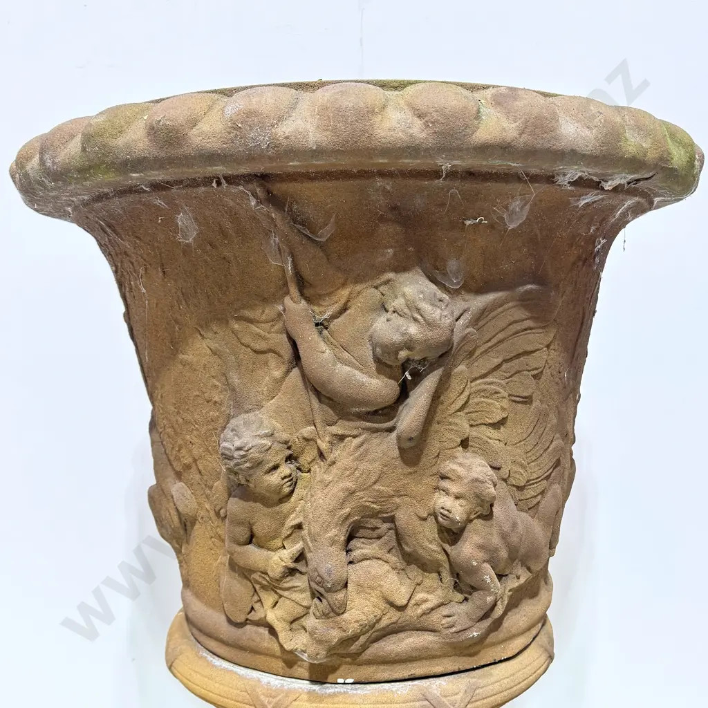 Large Classical Style Terracotta Planter Urn w Figural  Relief on a Pedestal Base Complete w Ball Shaped  Buxus Image 1++