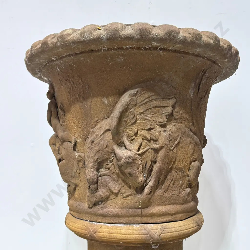 Large Classical Style Terracotta Planter Urn w Figural  Relief on a Pedestal Base Complete w Ball Shaped  Buxus Image 1++