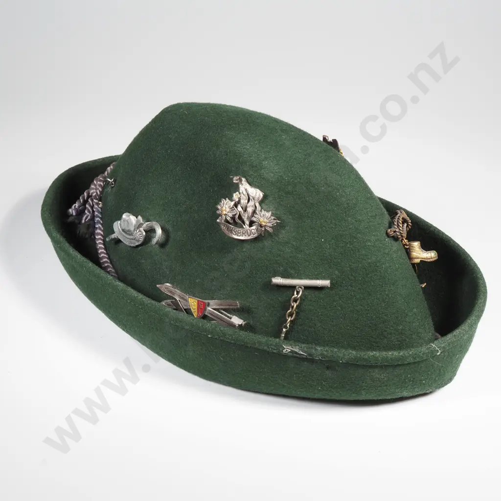 Vintage Tyrolean Alpine Hat (Also Known as a Bavarian or Trachten Wool Felt Hat) w Numerous Travel & Ski Badges Image 1++