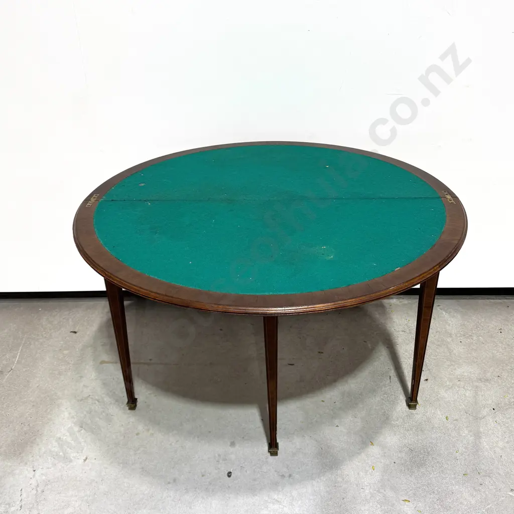 Antique French Demi-Lune Fold Over Card Table w Diamond Patterned Parquetry Inlay on Square Tapered Legs w Brass Collars Image 1++