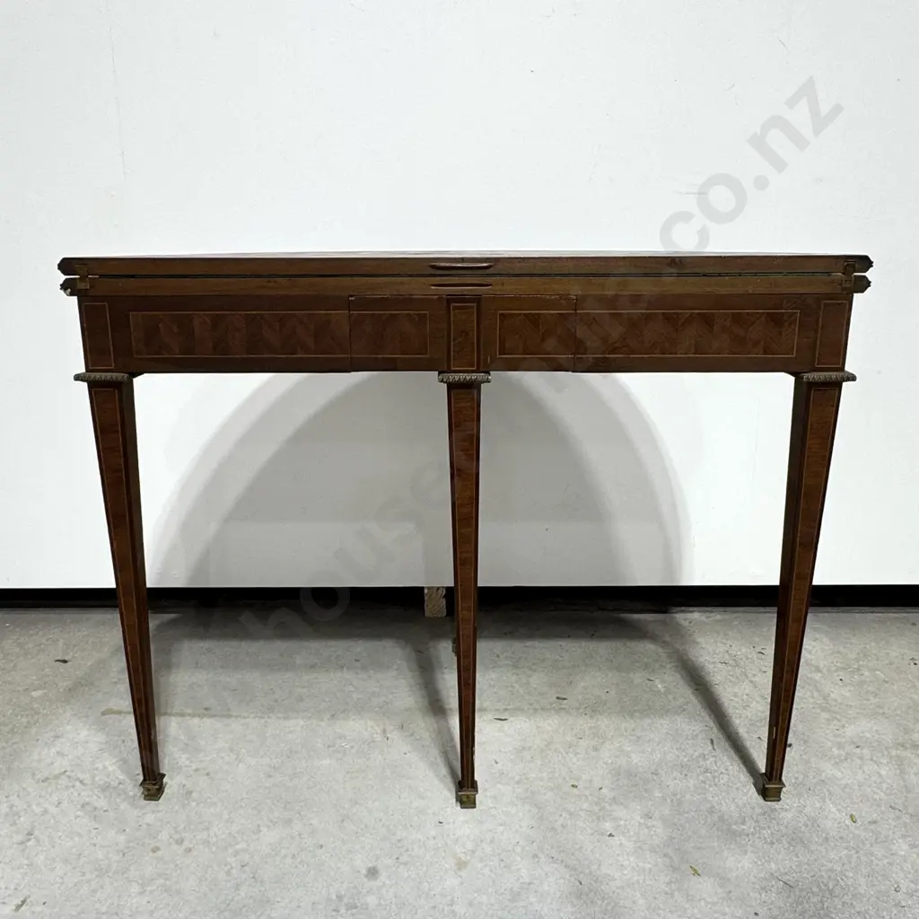 Antique French Demi-Lune Fold Over Card Table w Diamond Patterned Parquetry Inlay on Square Tapered Legs w Brass Collars Image 1++