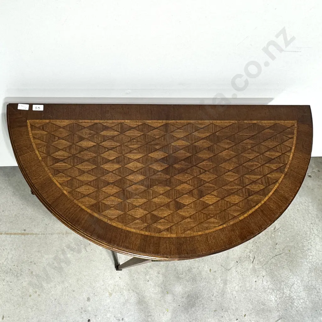 Antique French Demi-Lune Fold Over Card Table w Diamond Patterned Parquetry Inlay on Square Tapered Legs w Brass Collars Image 1++