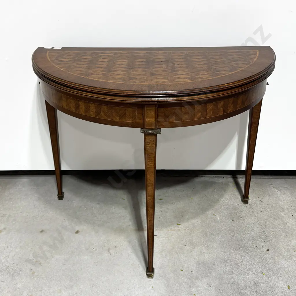 Antique French Demi-Lune Fold Over Card Table w Diamond Patterned Parquetry Inlay on Square Tapered Legs w Brass Collars Image 1++