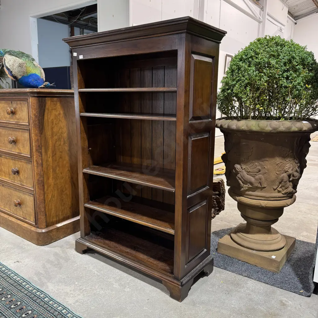 Wooden Five Tier  Adjustabel Bookcase w Top Crown Molding & Panelled Sides on Bracket Legs Image 1++