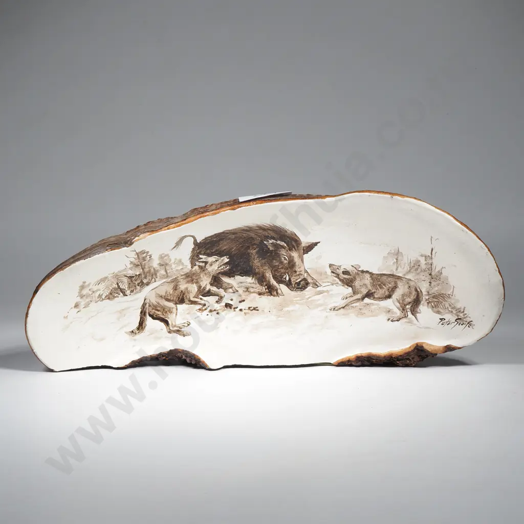 Peter Scaife - Tree Fungus, Hand-Painted Plaque Depicting Wild Boar in Confrontation w Two Dogs Image 1++