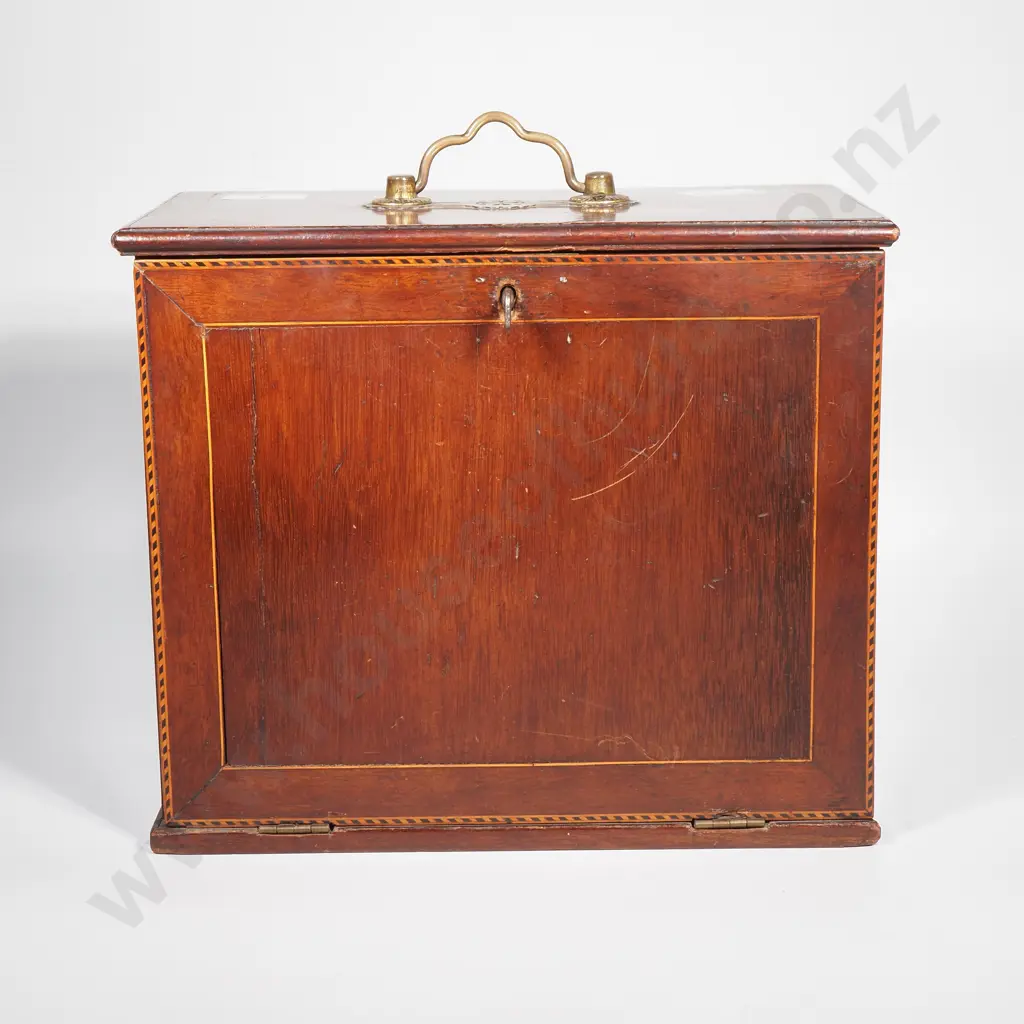 Antique Mahogany Sheraton Revival Stationary Box w Stringing & Brass Handle,The Interior Fitted w Shelves & Drawers Image 1++