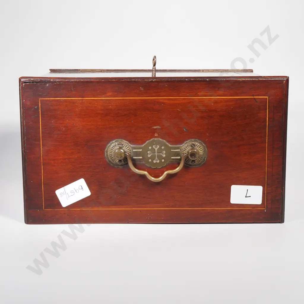 Antique Mahogany Sheraton Revival Stationary Box w Stringing & Brass Handle,The Interior Fitted w Shelves & Drawers Image 1++